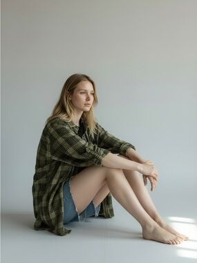 Free People we the free green plaid oversized flannel xs boho bohemian button up